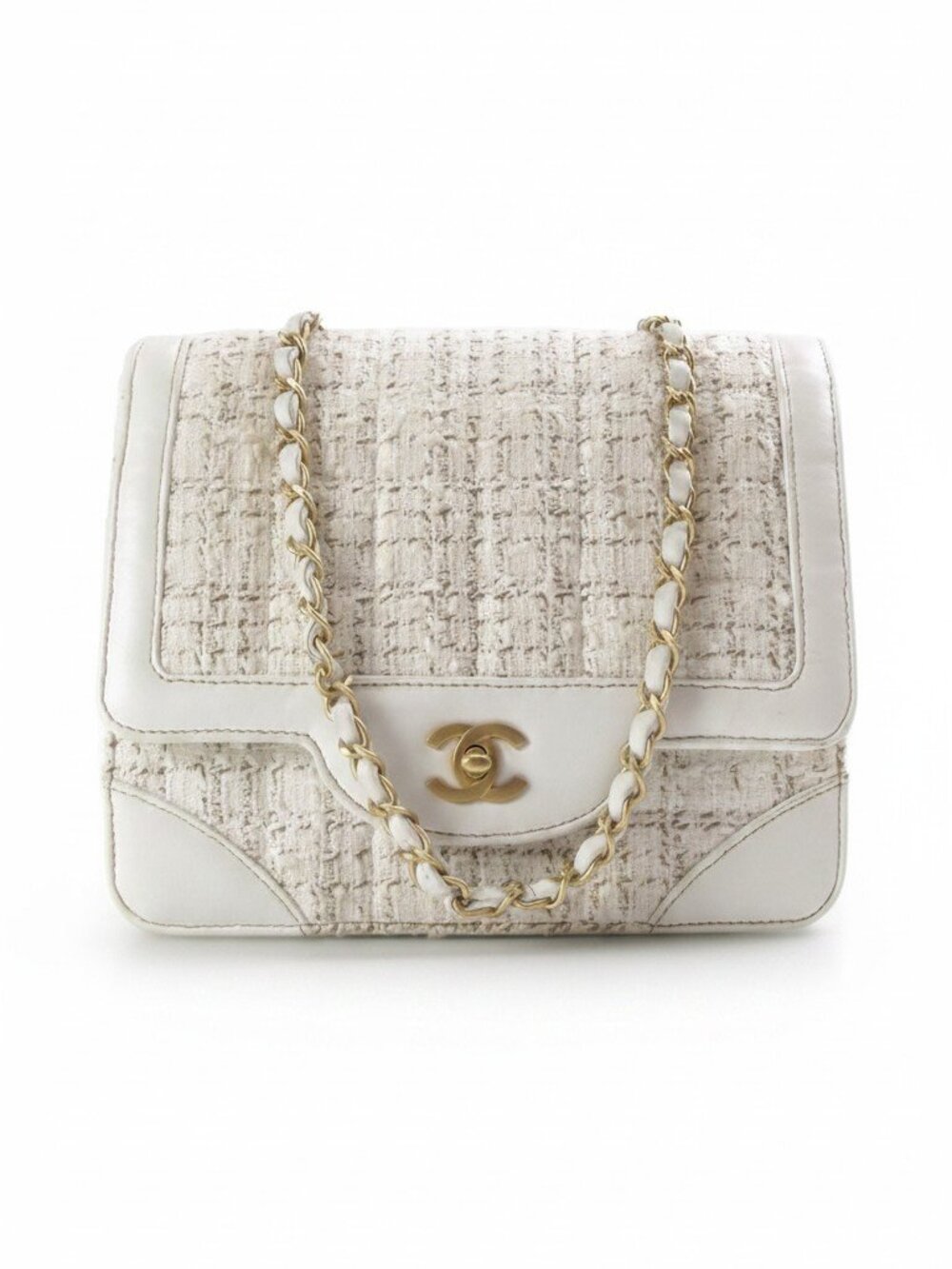 Women Designer Chanel Vintage Flap White Leather &Tweed Shoulder Bag